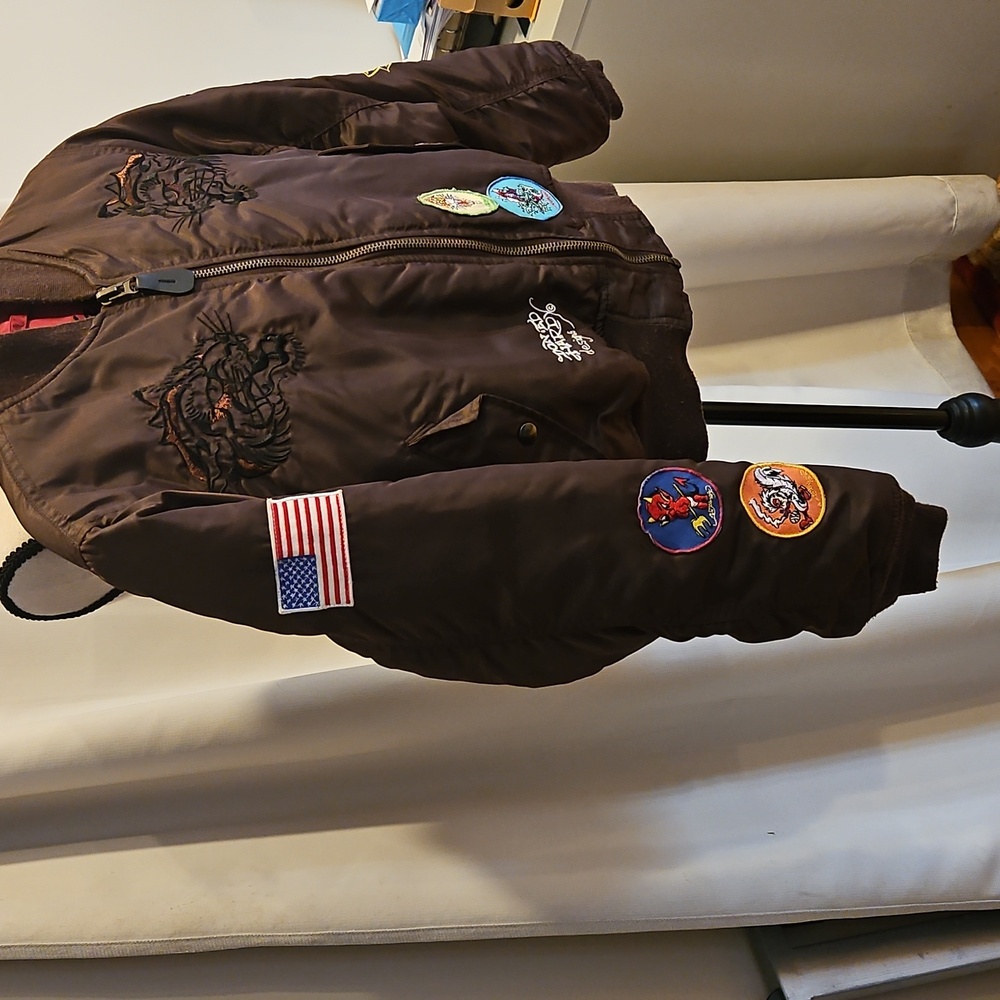 Rare Y2K Ed Hardy 2000s Zip Up Reversible Bomber Brown and Pink Jacket - Picture 2 of 11